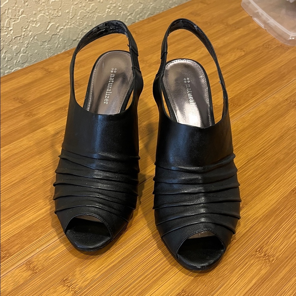 Naturalizer Black Leather Peep-Toe Slingback Heels